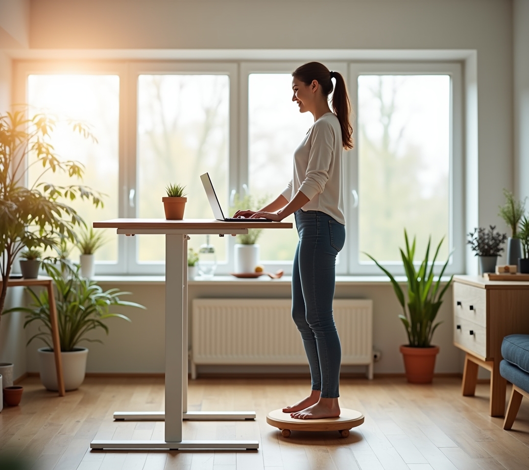 Person standing on a balance board at a standing desk
