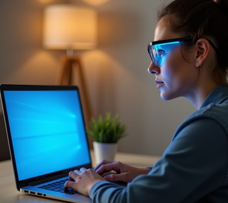 Person wearing stylish blue light glasses in front of a monitor