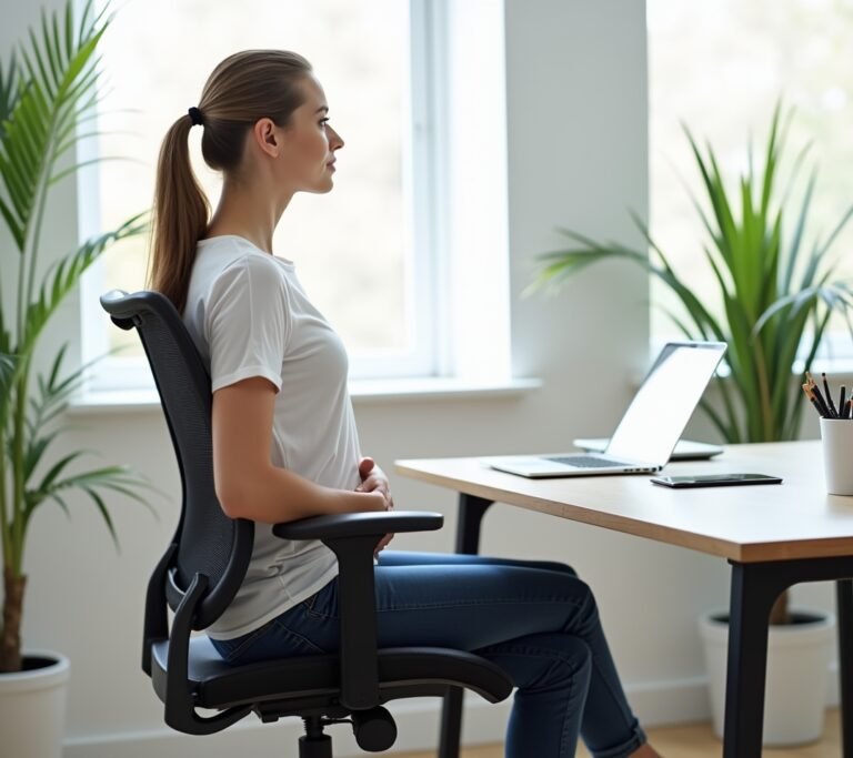 Person practicing deep breathing at their desk with eyes closed