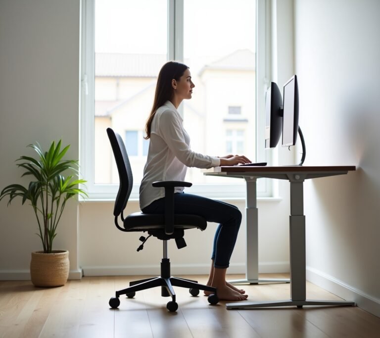 Person measuring desk height with a tape measure