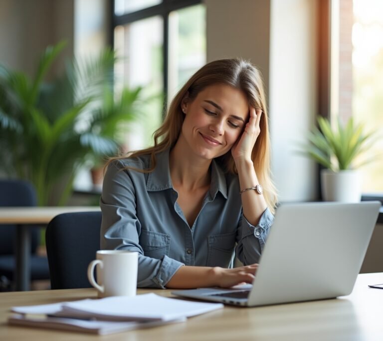 Professional doing a seated neck stretch at their desk