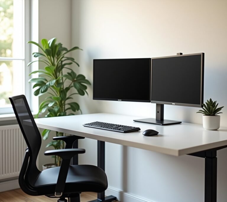 Dual monitor setup with both screens angled inward at eye level