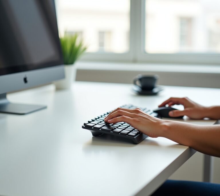 Split keyboard and vertical mouse on a clean desk surface