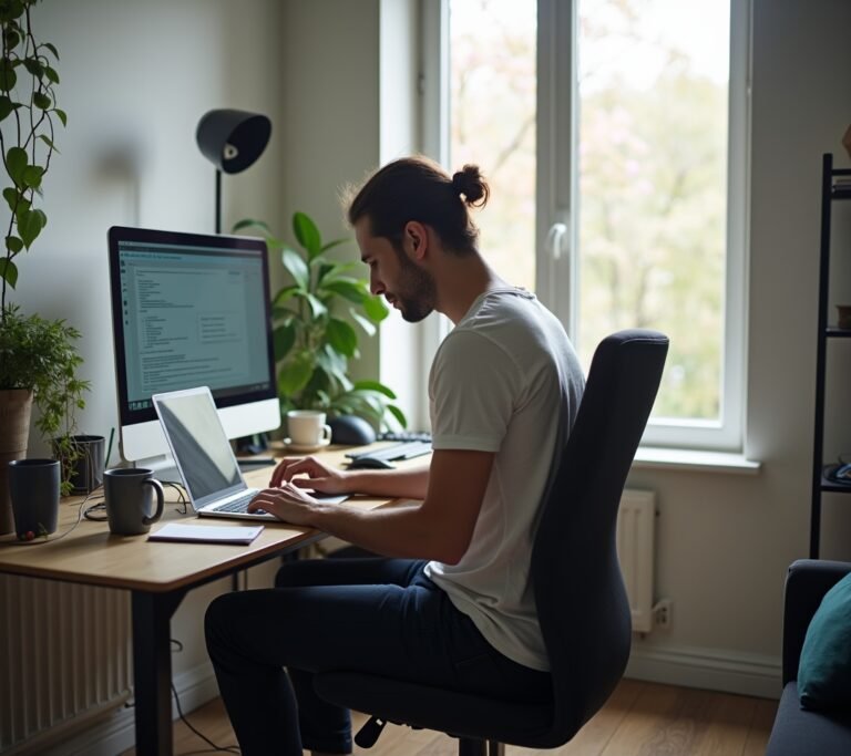 Person working from a couch with laptop on their knees