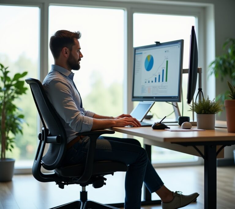 Focused professional working in a fully optimized ergonomic setup