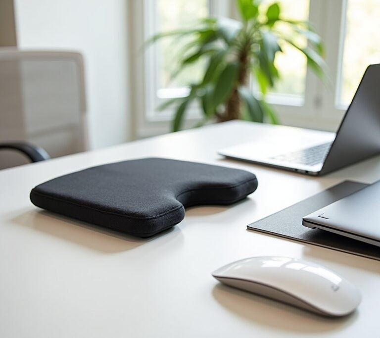 Flat lay of affordable ergonomic accessories on a desk