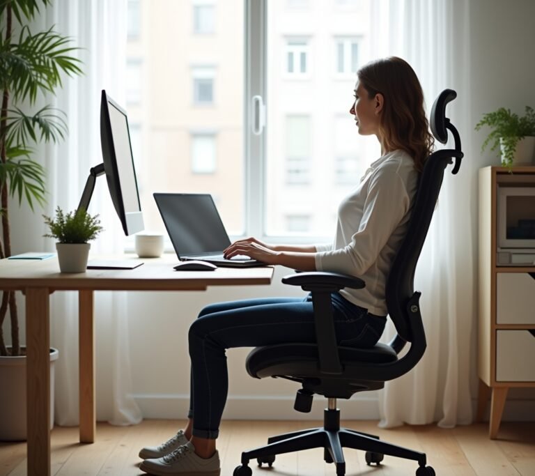 Person sitting upright at a clean home desk with monitor at eye level