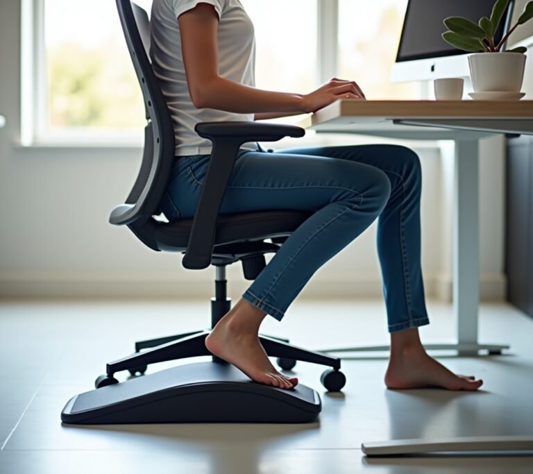 Ergonomic tilting footrest under a clean modern desk