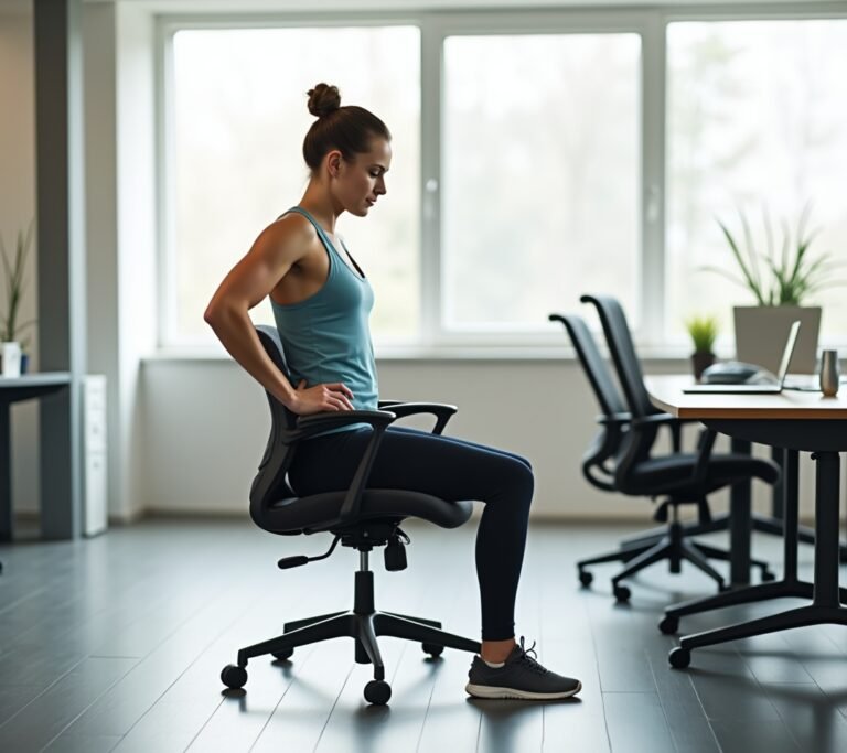 Person doing a kneeling hip flexor stretch on an office floor