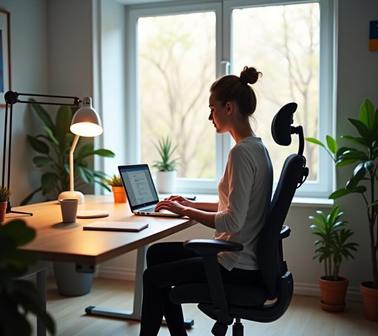 Bright home office with a large window and warm desk lamp