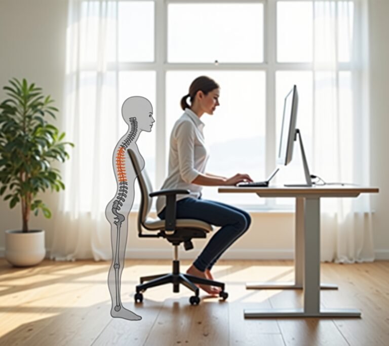 Person sitting on a wooden kneeling chair at a modern desk