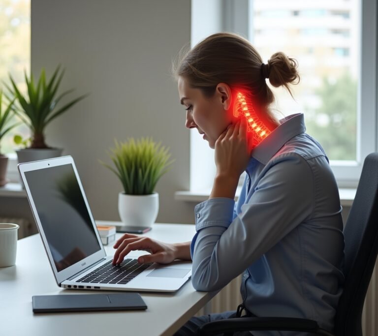 Person hunched over a laptop on a couch with poor posture