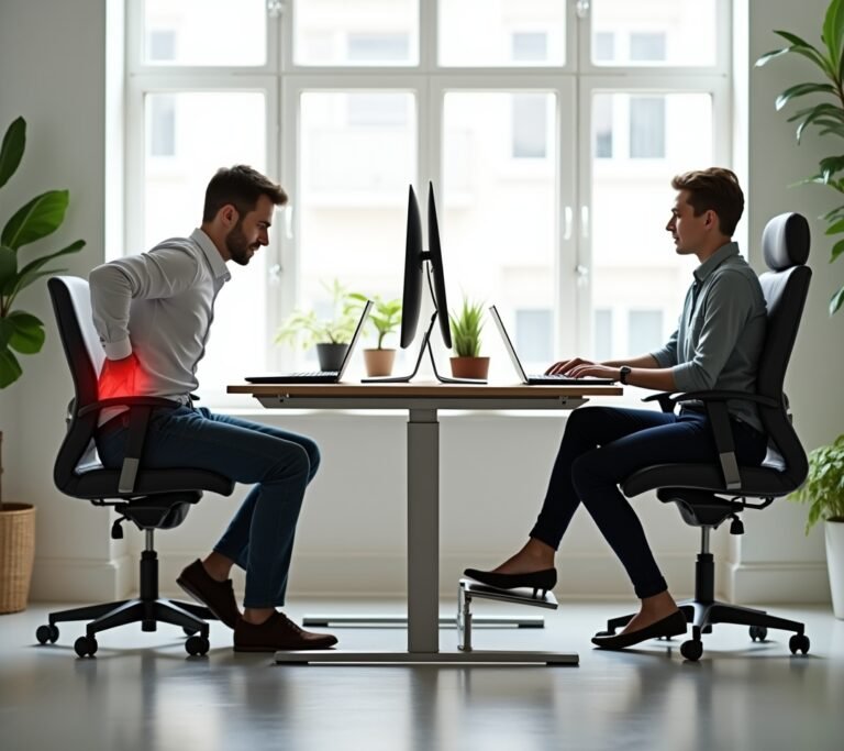 Person pressing hands into lower back while seated at a desk