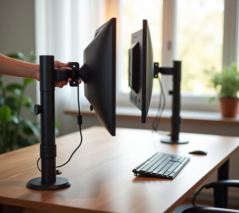 Gas spring monitor arm holding a large screen above a clean desk