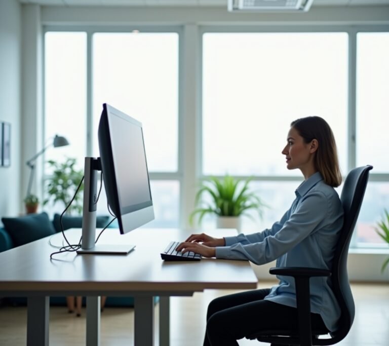 Person adjusting a monitor arm to eye level at a clean desk