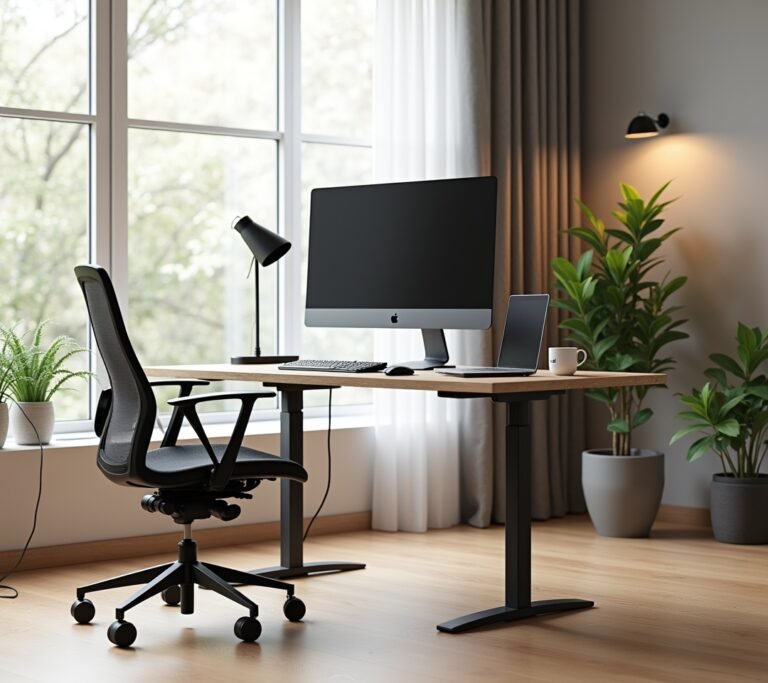 Beautifully organized ergonomic home office with natural light