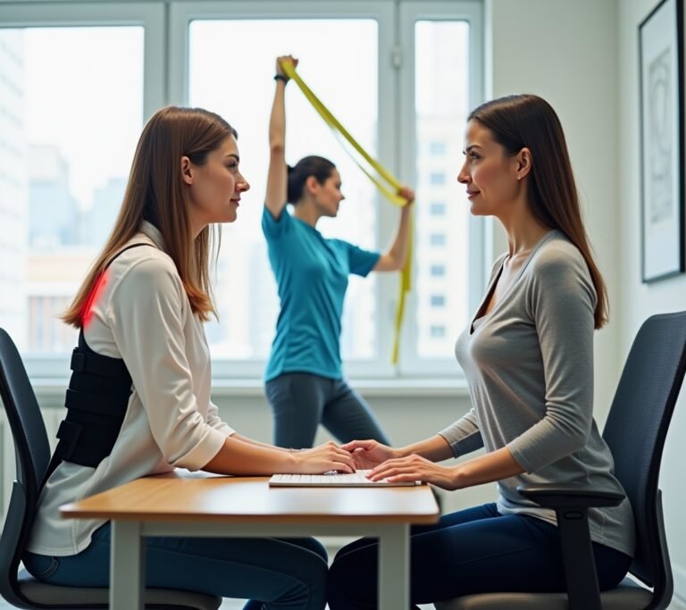 Person wearing a discreet posture corrector under a shirt