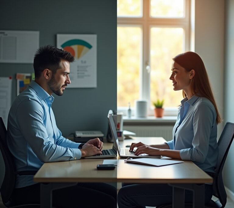 Tired person slouching in a dim office with drooping shoulders
