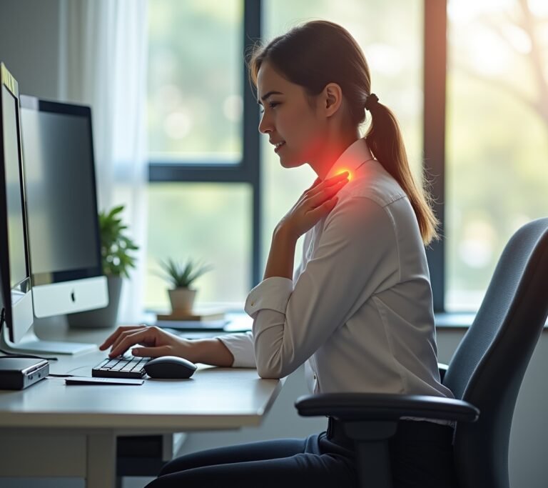 Person rubbing a tense shoulder while looking at a screen