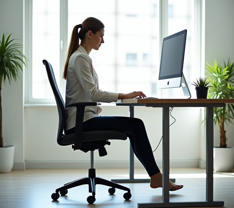 Person demonstrating correct seated posture in an office chair