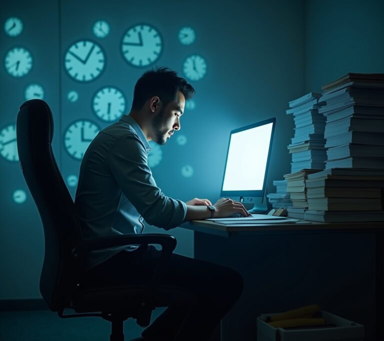 Overhead view of an office worker slumped at a cluttered desk