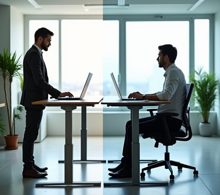 Split image of standing desk and traditional sitting desk