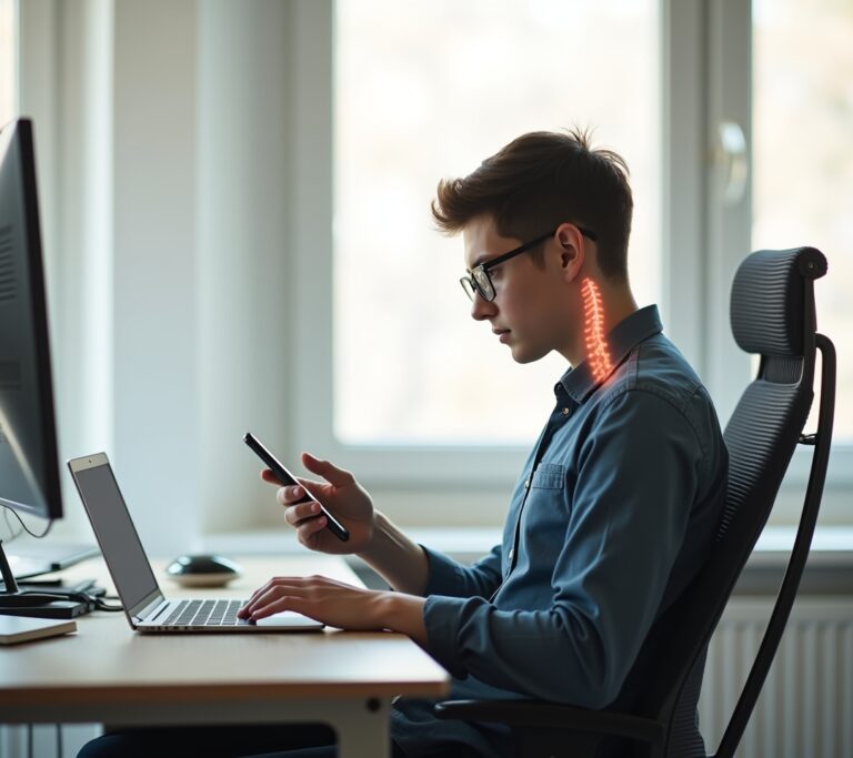 Person looking down at a phone with exaggerated forward head tilt