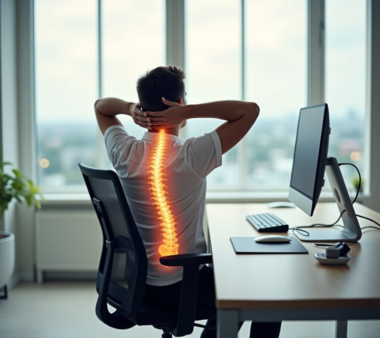 Person doing a seated thoracic rotation stretch at their desk