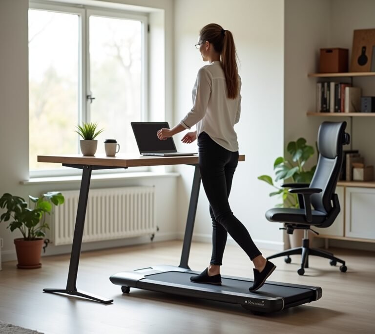 Person walking on a sleek walking pad under a standing desk