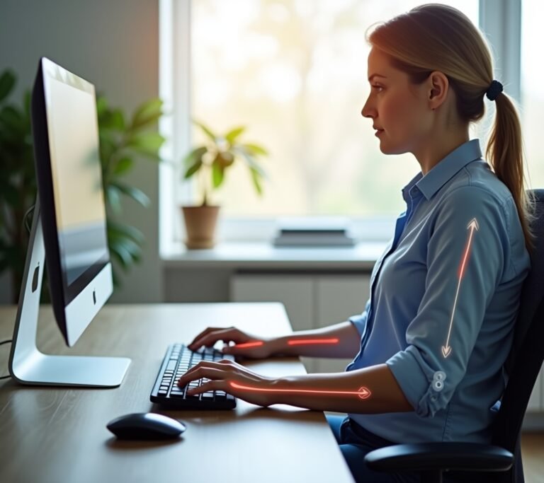 Close-up of hands typing with wrists floating above keyboard