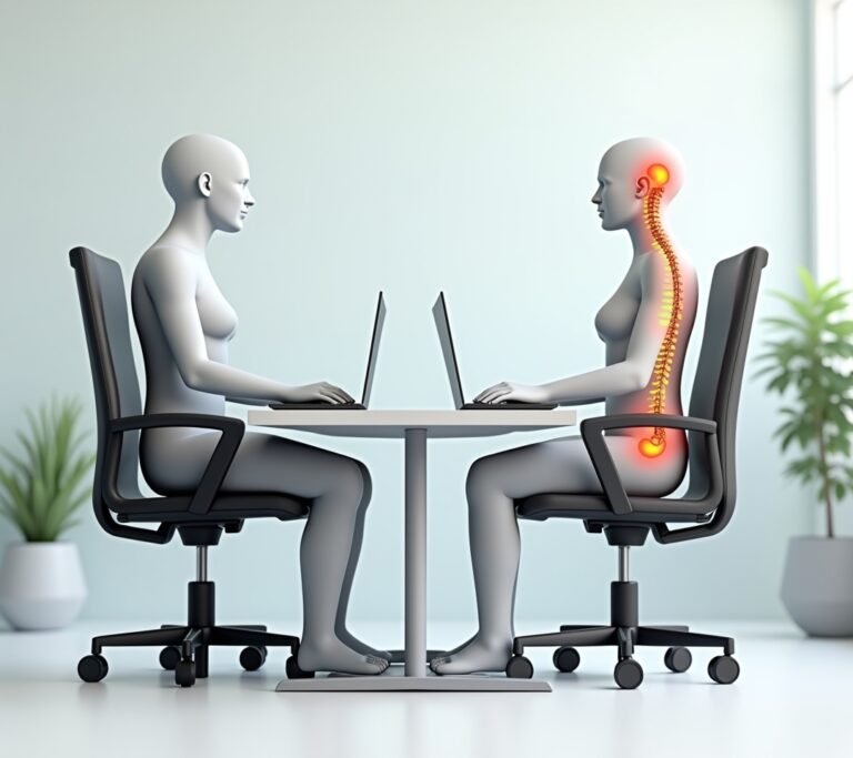 Side view showing chain reaction of wrong chair height on posture