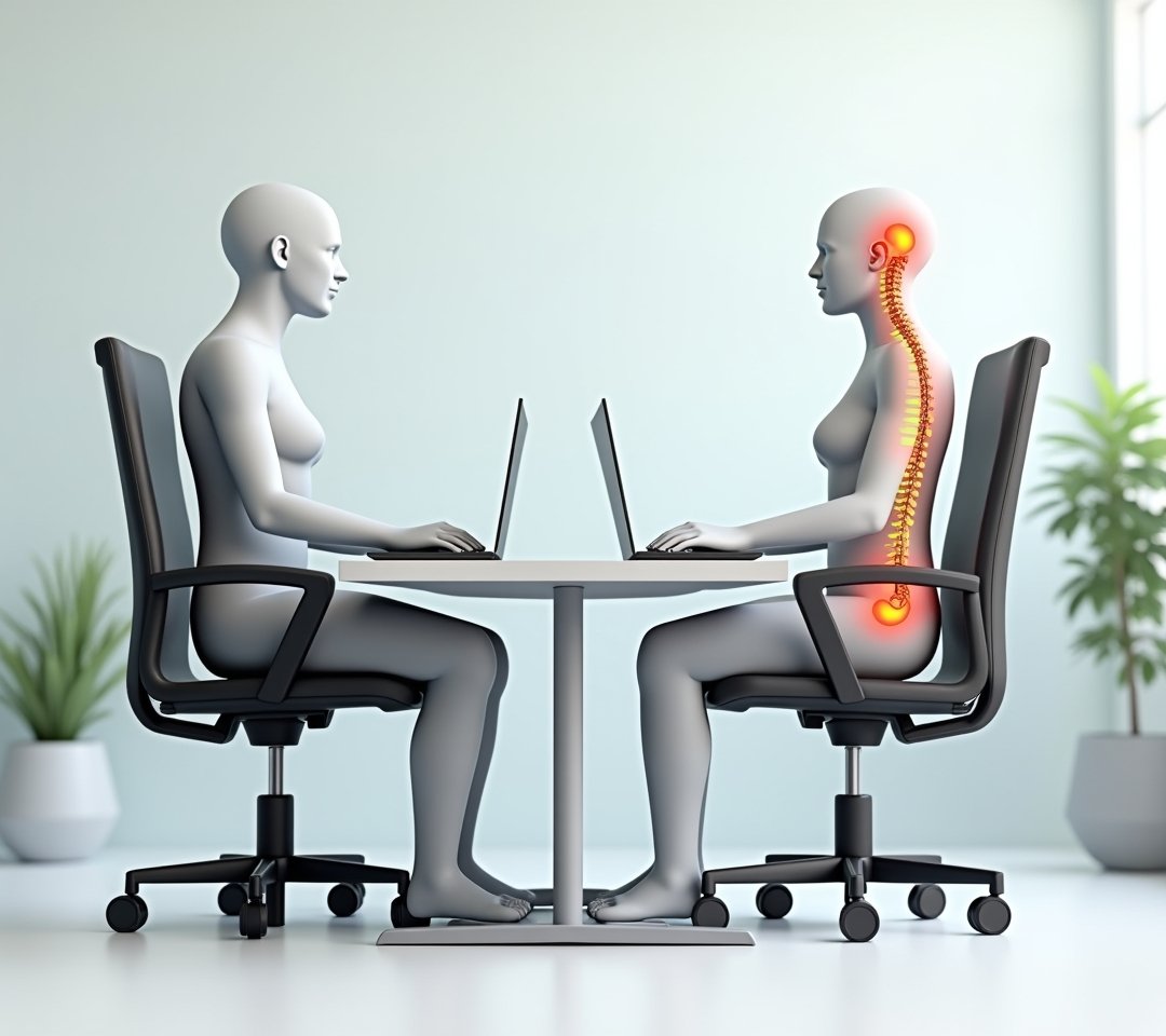 Side view showing chain reaction of wrong chair height on posture