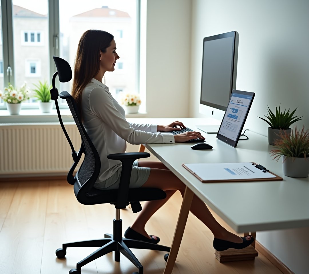Top-down view of an ergonomically optimized desk with checkmarks