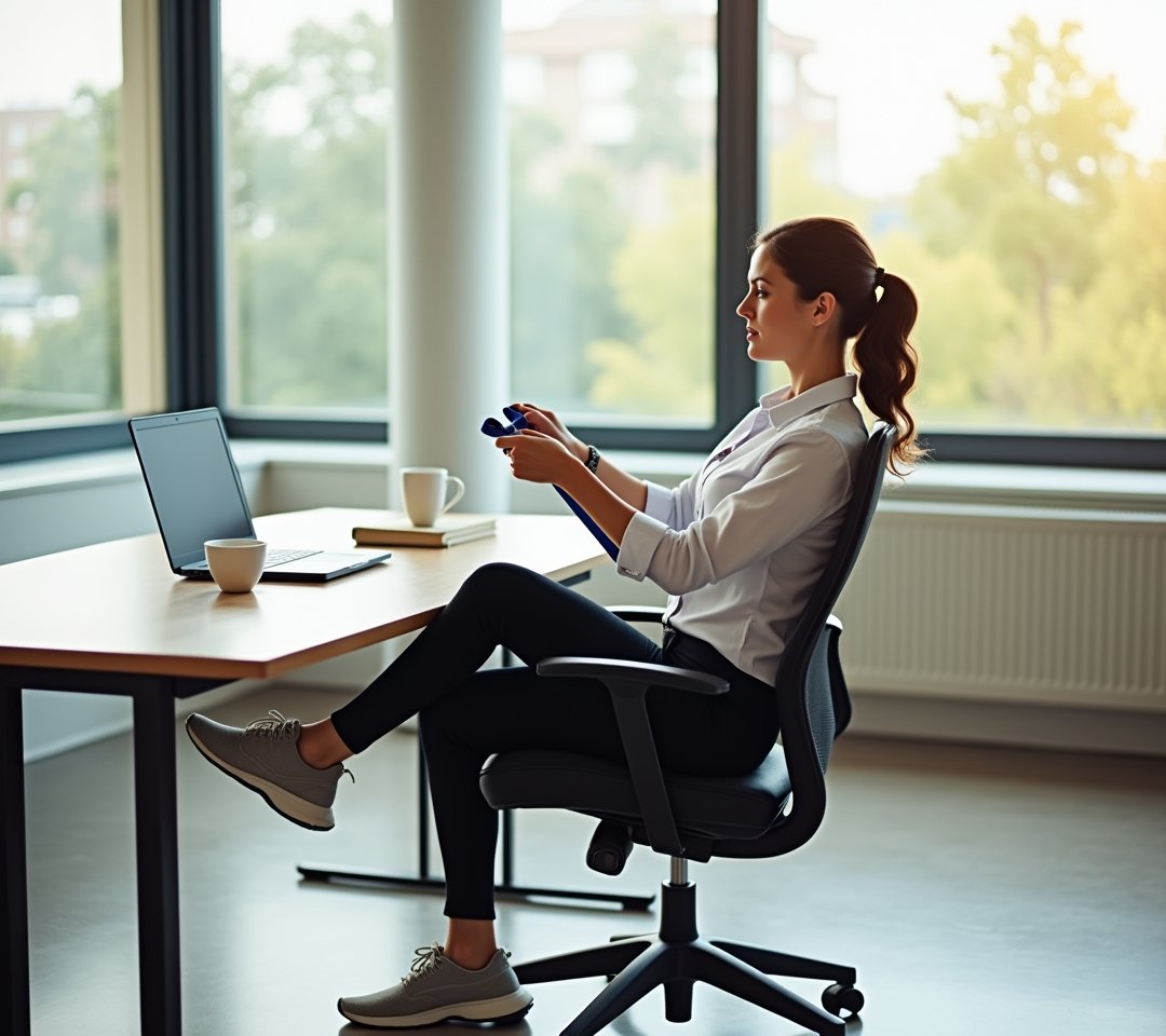 Person doing a seated band pull-apart at their desk